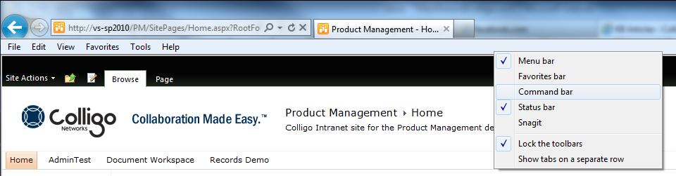 2. Select the Command bar option. The Command bar displays at the top of your browser. Removing a Site To remove a site from the Colligo Engage Outlook App group: 1.