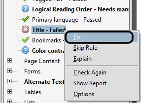 The results panel will appear to the left of the document, example: 8. Use the + button to view the detailed issue(s), example: What Makes a PDF Accessible?