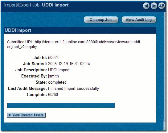 The import job progress is indicated by the progress bar (the blue bar in the image below) in the Import/Export Job: UDDI Import detail pane.