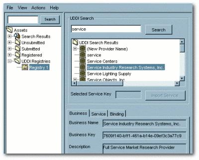 5. Click on a service to display available information on the Business, Service, and Binding tabs. Import a Service This procedure is performed in the Asset Editor. 1.