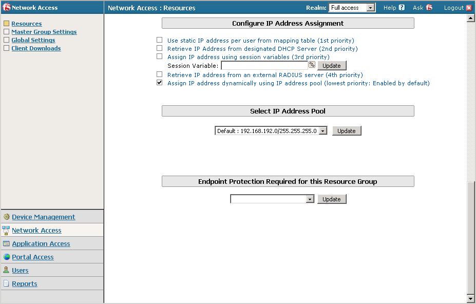 Figure 10 FirePass Network Access configuration page 2 5. Under Configure IP Address Assignment verify that an IP assignment method is selected.