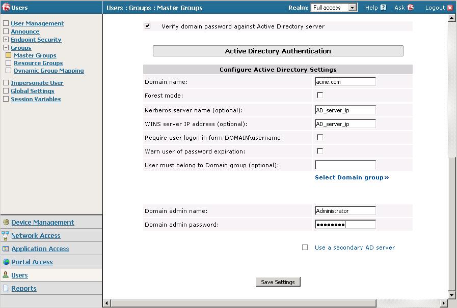 Figure 15 Active Directory authentication settings page a. Enable Verify domain password against Active Directory server. b. Provide your Active Directory details. c. Click Save. d. You will be prompted to test your Active Directory settings.