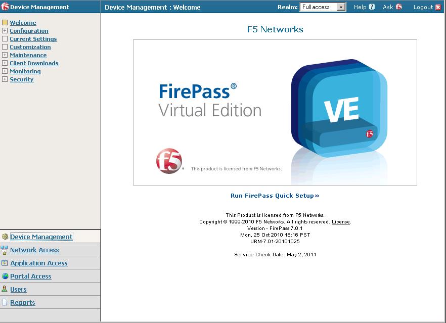 Figure 3 FirePass Welcome page 2. Select Device Management Customization from left pane. 3. Click the URI Based Customization tab.