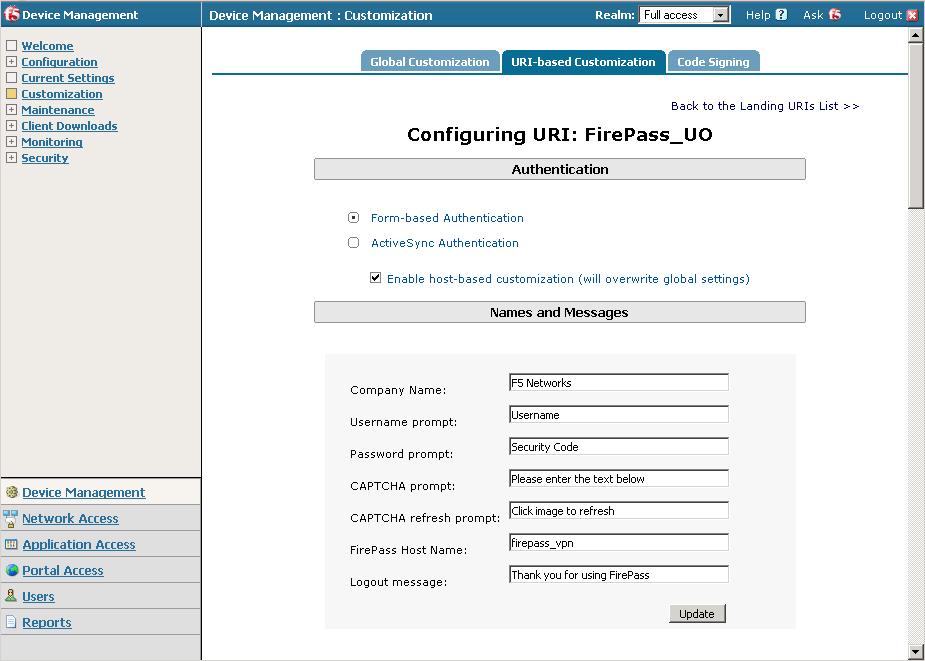 Figure 5 FirePass URI Customization (Configuring URI) page 6.