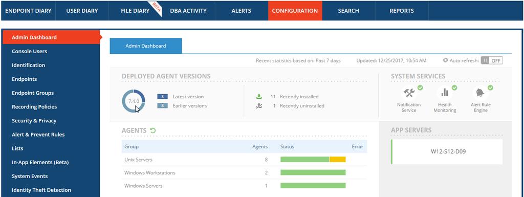 In addition, the Deployed Agent Versions portal (located at the top of the Admin Dashboard of the ObserveIT Web Console) displays the current Agent version number and