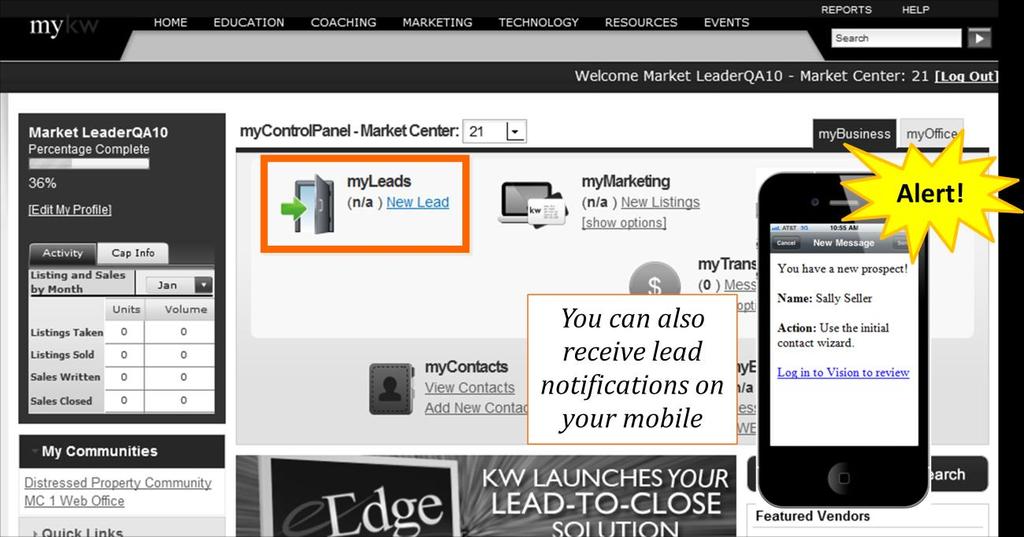 Lesson 4: myleads Lead Notifications You will be notified of new leads in three ways. 1. Check the control panel for Lead Notifications. 2.