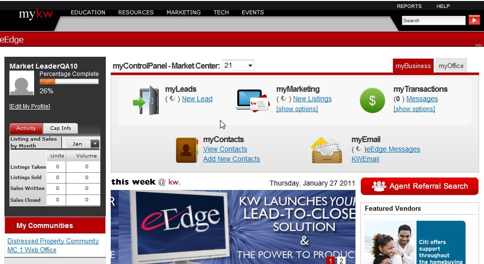 Lesson 1: What is eedge? Your eedge Control Panel Each day, login to mykw.kw.com. Right there on the homepage, you'll see your eedge dashboard.