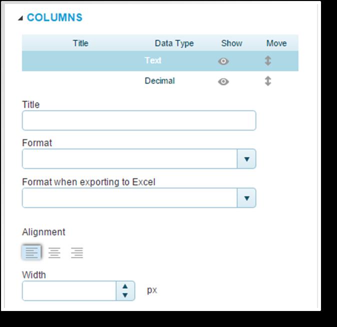 Page 11 The Columns category controls the configuration of each data element in the view. The top table is used to select each element by Title, displaying the configuration settings for each.