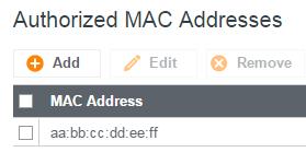 Authorized MAC Addresses Add the MAC addresses of trusted machines. This gives them automatic access through the hotspot portal. Click Add to enter new MAC Addresses you wish to allow.