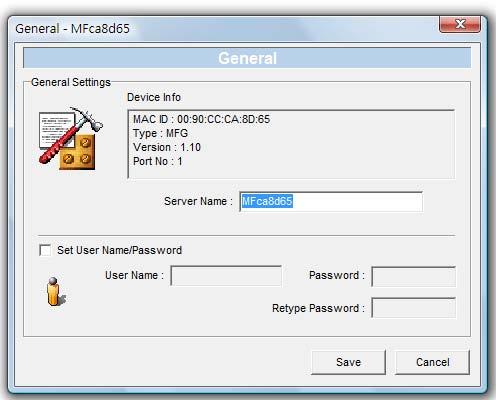 You can see basic MFP server information on this page. You also can configure the Server Name, User Name and Password here.