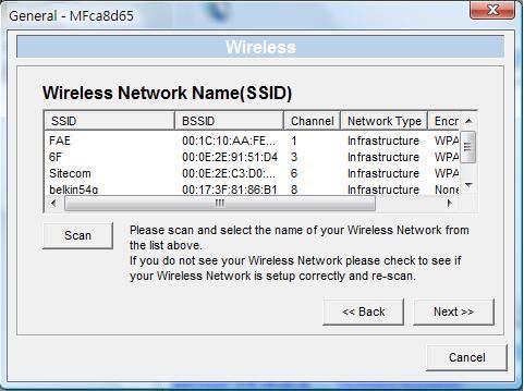 The table will list the available access points near the MFP server. Select an access point in the list and click Next.