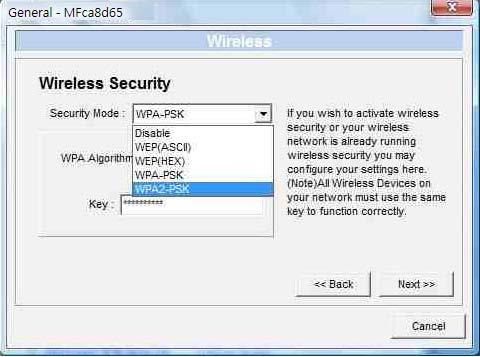 You have to go through the following procedure: This MFP server supports WEP, WPA-PSK and WPA2-PSK security mode.