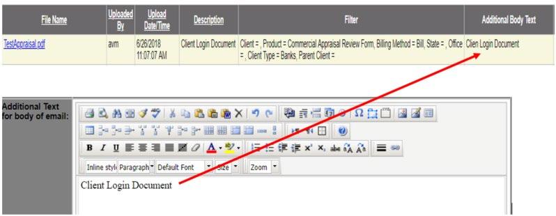 Enter a text description for the file in the Additional Text field. The description will be displayed as a link in the Client Module s Main Menu navigation.