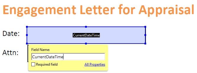 Enter the appropriate merge field tag into the edit box. In the example, we are entering a File Number. The merge field tag for Date is CurrentDateTime.