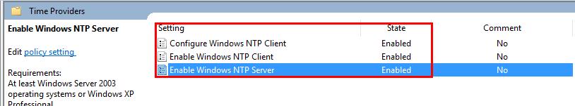 5Configuring NTP Master on OS Server SV80B (OS Standby) Object Activate Windows NTP Server Setting Double-click the object and activate the option "Enabled". Example: 7.
