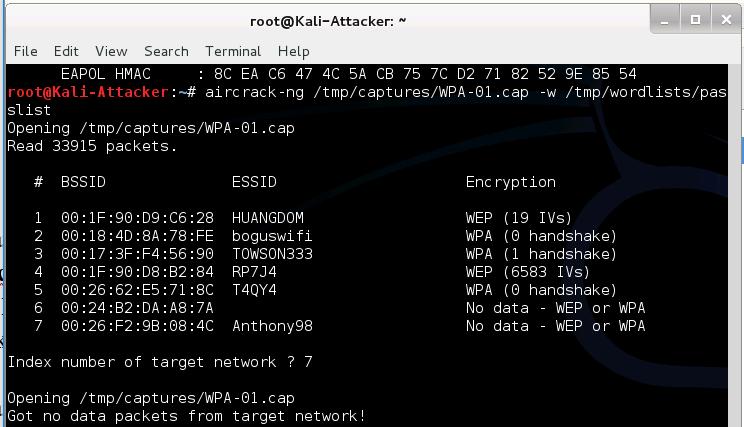 14) Change the focus to the terminal and run the following command Aircrack-ng /tmp/captures/wpa01-cap -w /tmp/wordlists/passlist 15) For Index of target network?