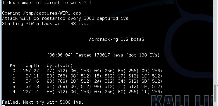 10) Change the focus to the terminal and run the following command Aircrack-ng /tmp/captures/wep1.cap 11) For Index of target network?