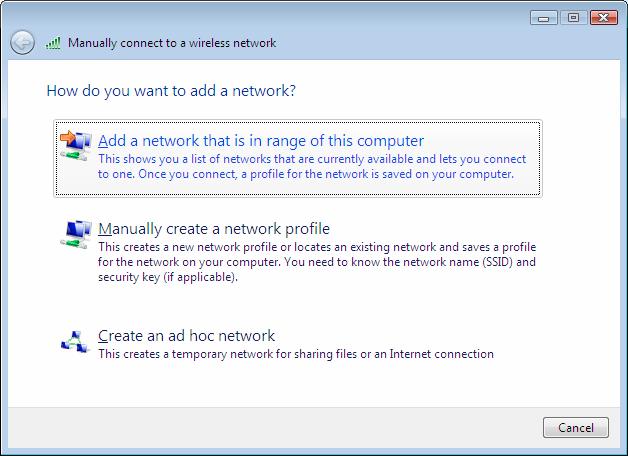 (14) Select Add a network that is range of this computer. (15) Click on the required SSID ( Room1 for this manual) and select Connect. refresh Required SSID is not listed 1.