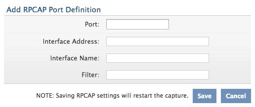 1. Go to the RPCAP Settings section and click Change. 2. Change and modify the settings on the Add RPCAP Port Definition page. Port: Specifies the listening port on the ExtraHop system.