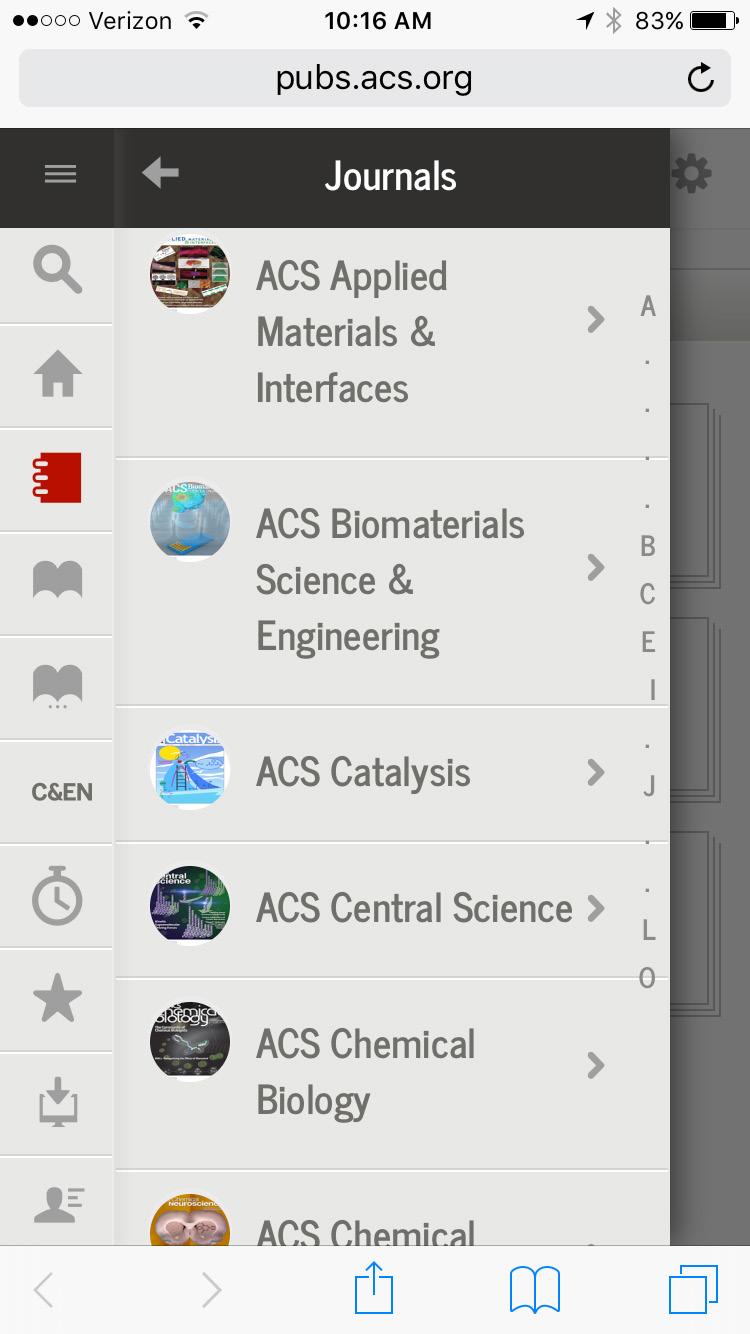 ACS2GO FEATURES Easily browse through the sections of the article Browse all ACS journals, books, and C&EN archives Browse journals list View