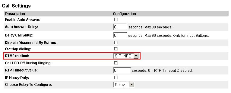 In the Call Settings section, configure as required the DTMF Method as SIP INFO or RFC 2833 (not shown),