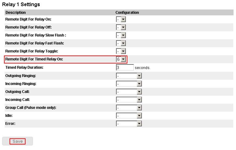 In the Relay 1 Settings section select a digit from the drop down box for Remote Digit for Timed Relay On.
