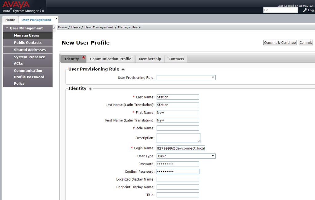 On the Identity tab enter an identifying Last Name and First Name, enter an appropriate Login Name, set