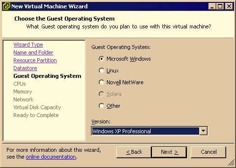 The wizard does not install the guest operating system for you. The New Virtual Machine Wizard uses this information to select appropriate default values, such as the amount of memory needed.