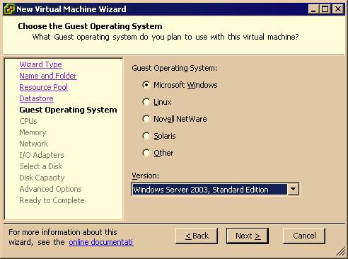 9 Under Guest operating system, select the operating system family (Microsoft Windows, Linux, Novell NetWare, Solaris, or Other). 10 Choose the version from the pull-down menu.