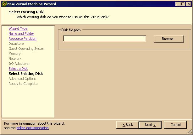 Chapter 9 Managing Virtual Machines 7 Browse to the existing virtual disk, and click Next. 8 Browse for a datastore. 9 When you have located a compatible virtual disk, select it and click Open.