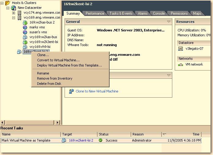 5 From the pop-up menu, choose Convert to Virtual Machine. The template is converted to a virtual machine. Deleting a Template This procedure unregisters and deletes the template.