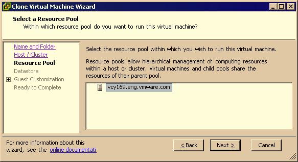 9 Select a resource pool in which to run the clone, and click Next.