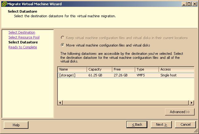 Chapter 14 Migrating Virtual Machines The Resource Pool Selection page does not appear if a virtual machine was dropped on a resource pool. 6 Select the destination datastore.