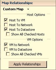! Virtual Machine Resources Shows virtual machine-centric relationships.! Custom Map Allows you to choose any combination of relationships other than the host and virtual machine centric versions.