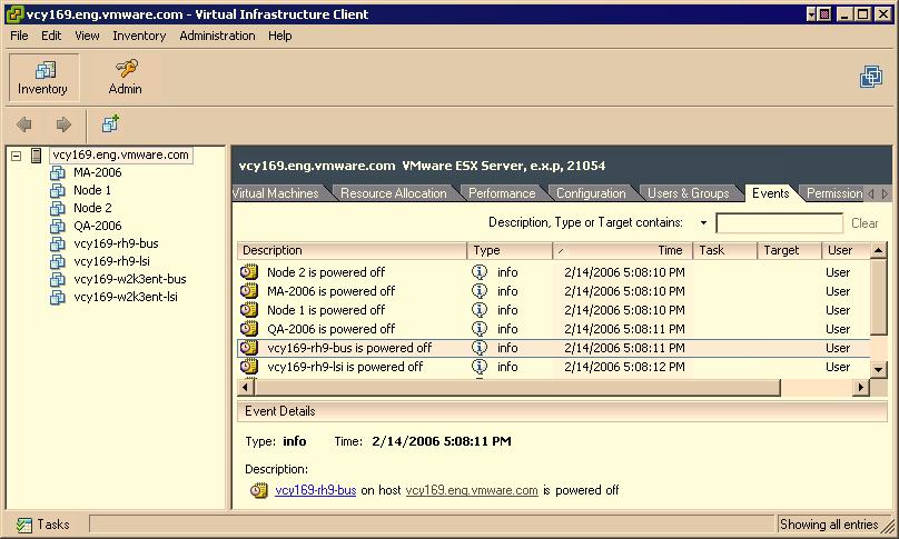 Figure 17-1. VI Client Connected to ESX Server > Inventory > Virtual Machine > Events Tab To view event details From the Inventory panel, click the Events tab. Click an event.