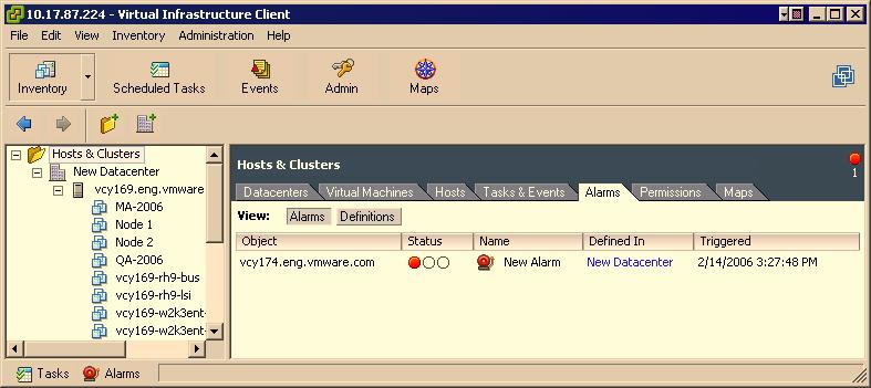 Chapter 17 Managing Tasks, Events, and Alarms Figure 17-2. VI Client Connected to VirtualCenter Server > Inventory: Hosts and Clusters > Host > Alarms Tab > Alarms Button!