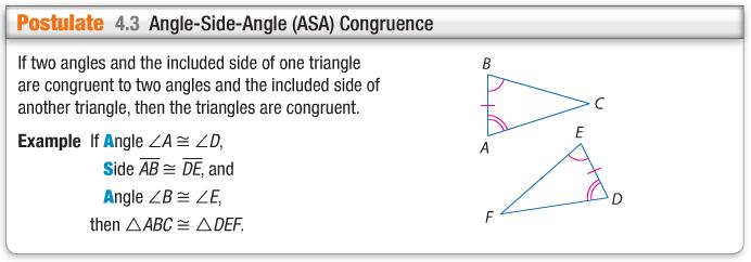 Geometry Proving Triangles are Congruent: ASA and AAS 4.5 Objectives: 1. apply ASA, AAS, and HL to construct triangles and to solve problems Included side 2.