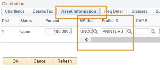 3. Click the Distribution/ChartFields icon. 4. Click the Asset Information tab. 5.