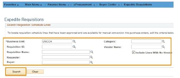 In this field Business Unit Requisition ID Requisition Name Requester Buyer Category Vendor Name If you know it, enter the business unit listed on the requisitions you are searching for.