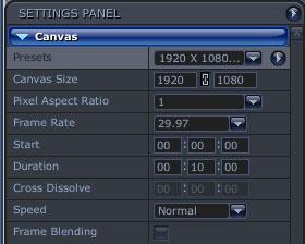 settings panel Settings Panel The Settings Panel determines the physical format (size, frame rate, speed) of the Juicer s output The Settings Panel options change, depending on the type of media you