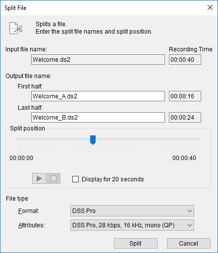3.7.2 Splitting a Dictation File into Two Files With this function, a dictation file in the Content List View can be split into and saved as two files. DSS, DSS Pro, WAV, and WMA files can be split.