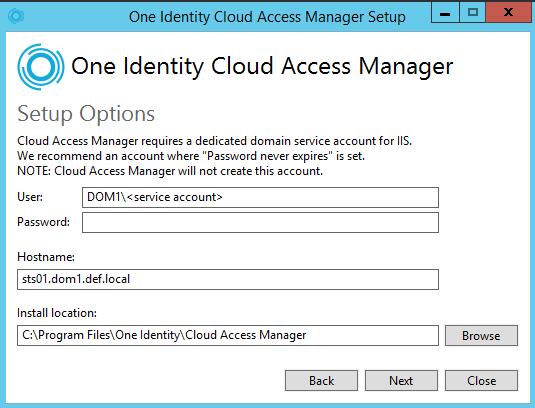 Choose the account to run the STS components, enter the username and password of an Active Directory domain account.