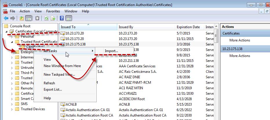 Click and expand Certificates (Local Computer). Right-click on Trusted Root Certification Authorities, then select All Tasks, and then Import.