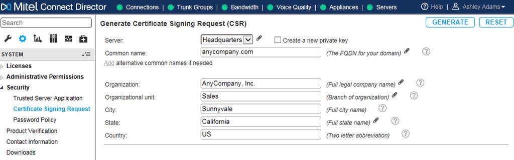 Generating the Certificate Signing Request (CSR) A Certificate Signing Request (CSR) is submitted when purchasing a security certificate from a Certificate Authority vendor.