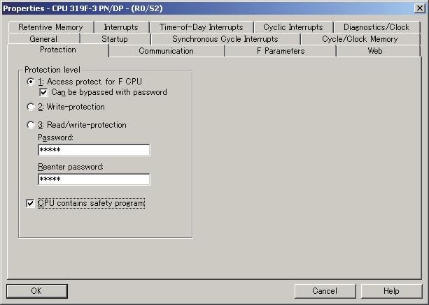 Select {Protection} tab to perform the password setting for access protection of CPU319F-3 PN/DP.