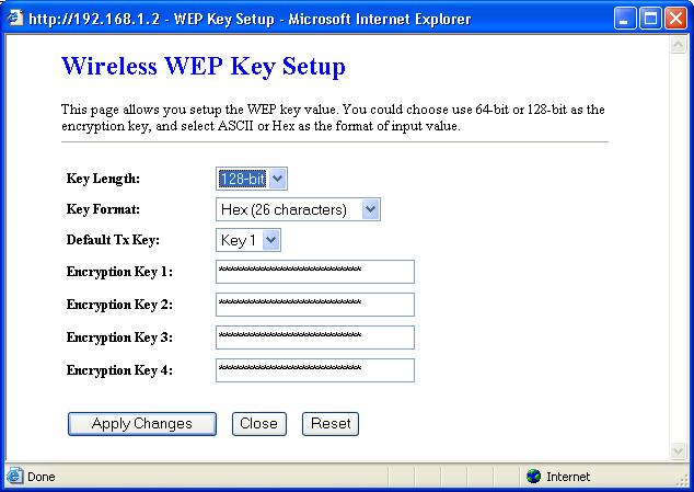 4. Set the settings to the same values used for the previous Access Point or Bridge. If the 26-character encryption key was used, do the following: Select WEP from the Encryption list.