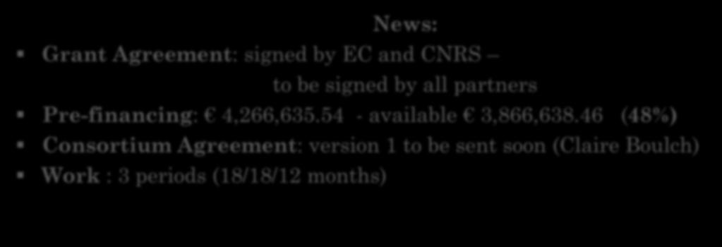 IS-ENES2 Project News: Grant Agreement: signed by EC and CNRS to be signed by all partners Pre-financing: 4,266,635.54 - available 3,866,638.