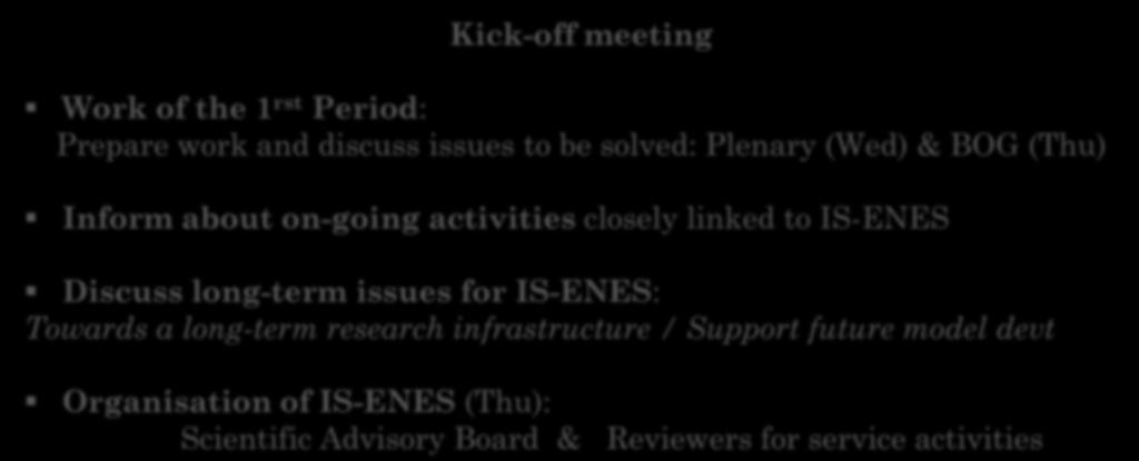 Prepare work and discuss issues to be solved: Plenary (Wed) & BOG (Thu) Inform about on-going activities closely linked to IS-ENES Discuss long-term issues