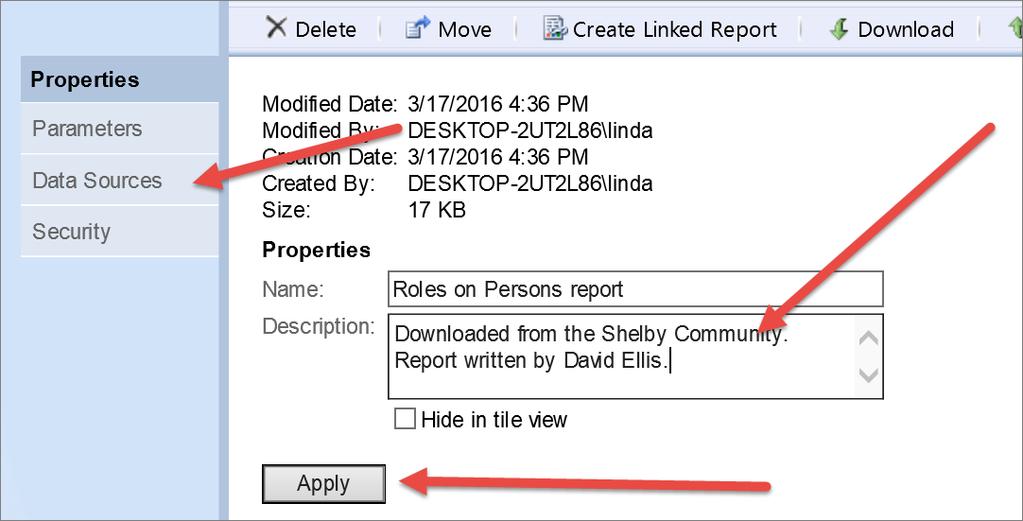 Adding Reports: From The Shelby Community 11. At this point, you can add a description for the report and change the name.